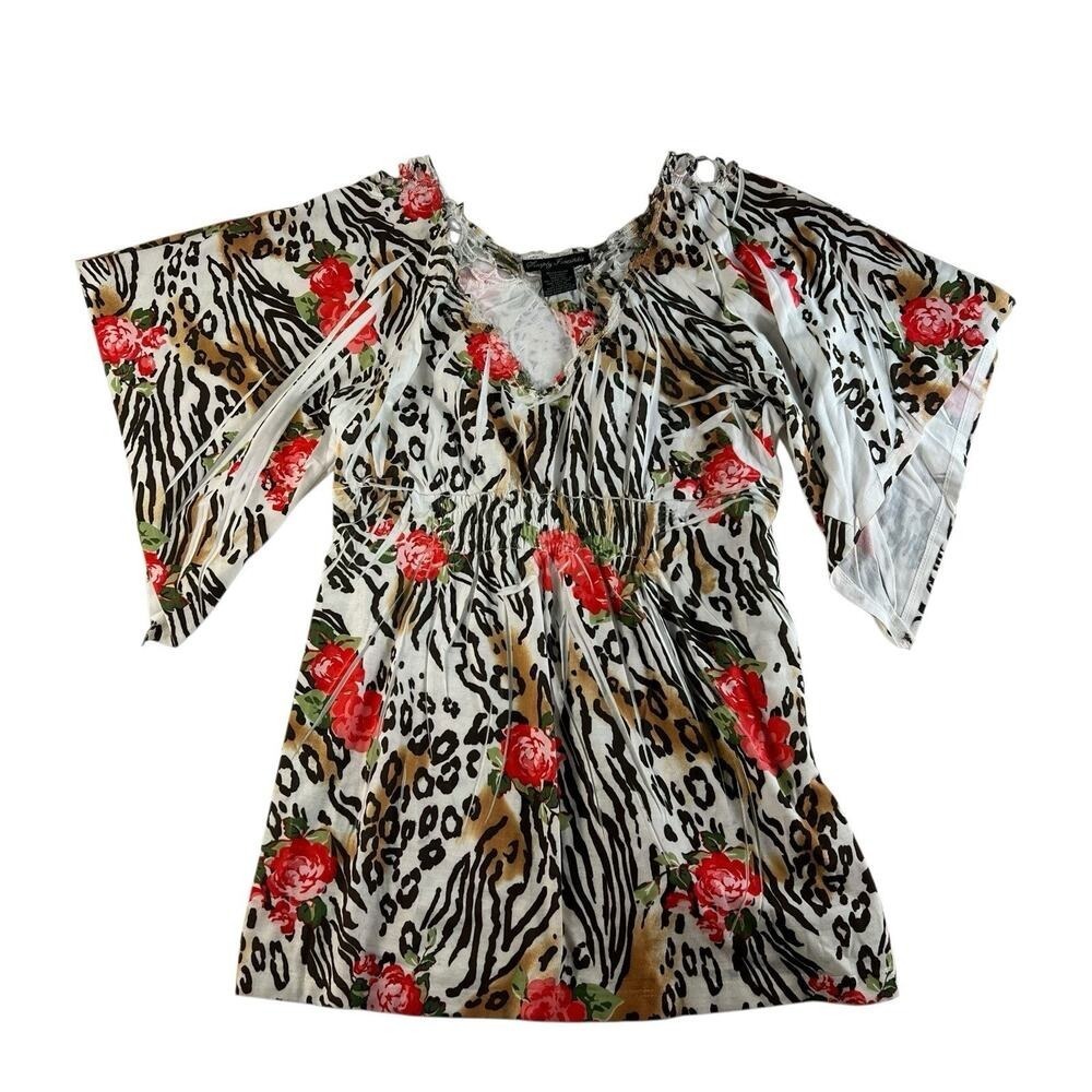 Y2K‎ L Large Animal Print Babydoll Top V-Neck Fairy Grunge Whimsygoth Fairycore